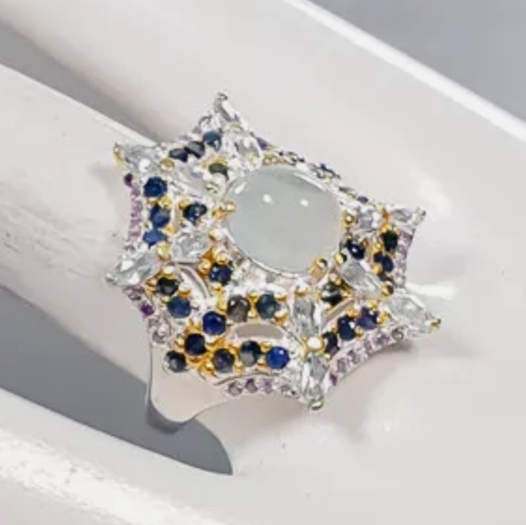 INCREDIBLE Aquamarine Sapphire & Amethyst Sterling Spiderweb 🕸 ring sz8.5 - Picture 7 of 13